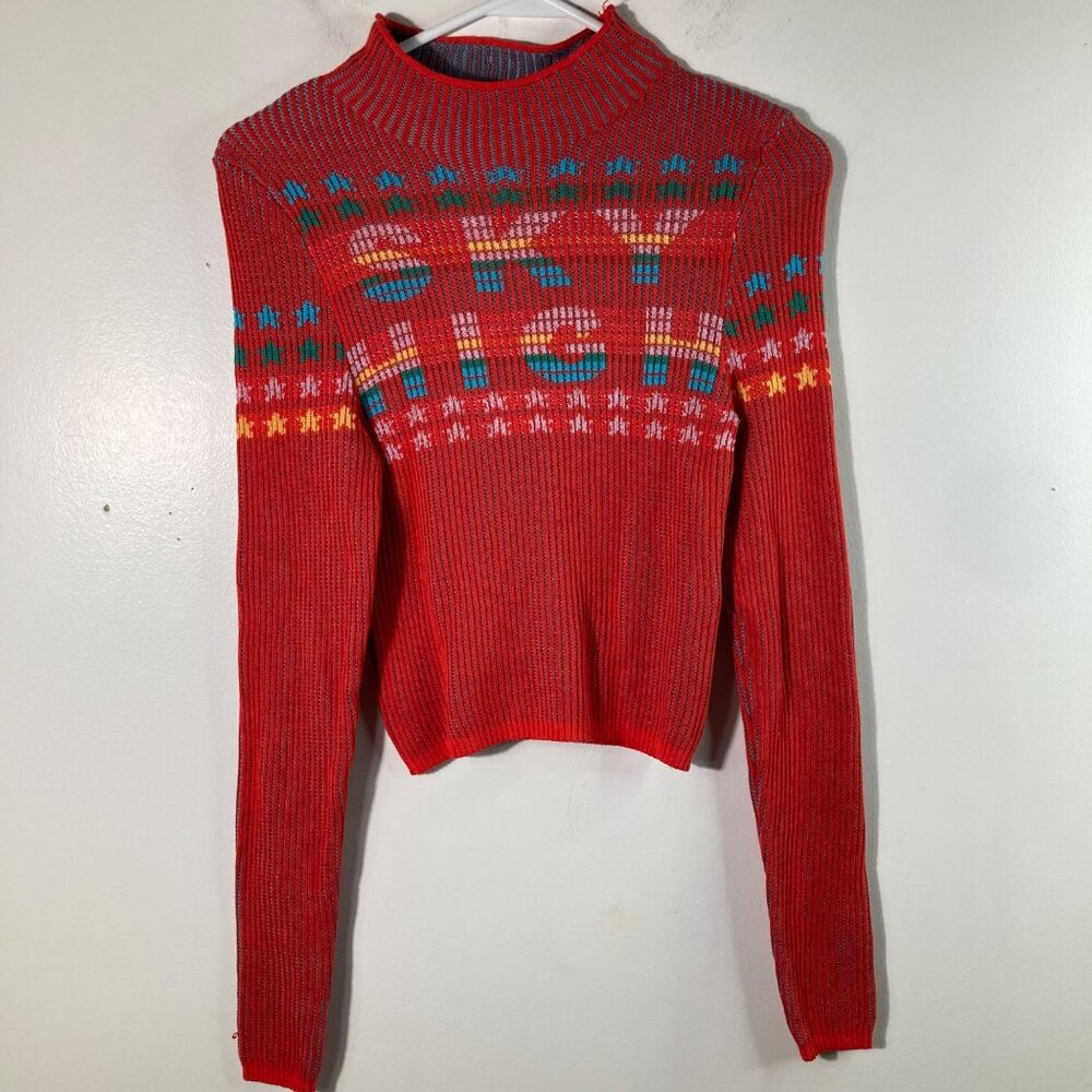 Womens BDG Urban Outfitters Mock Neck Sky High Baby Sweater XS NWT Red Blue Yell
